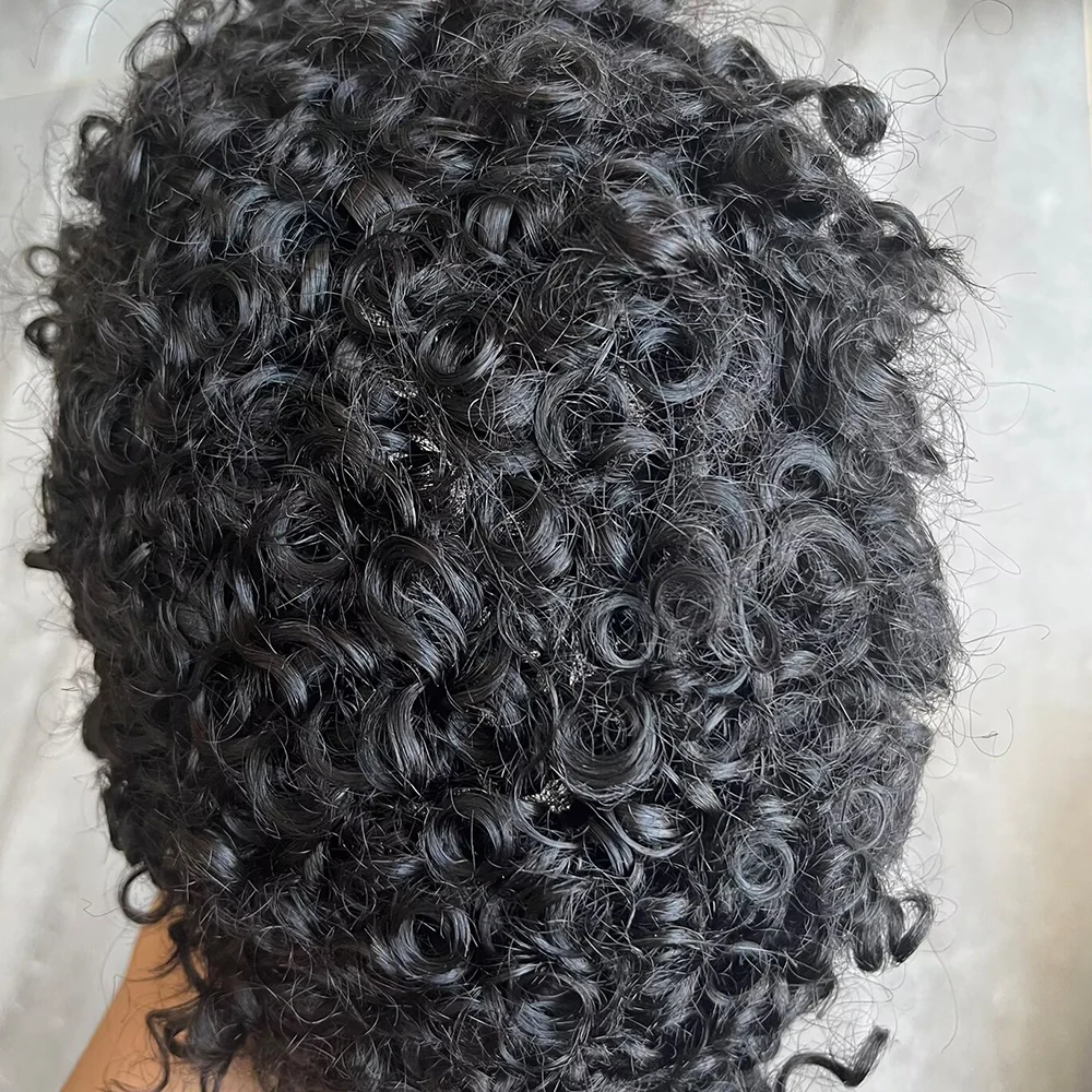 20mm Lockiges Voll-Hautbasis-PU-Toupet für Herren aus Echthaar, Langlebiges Prothesensystem 1b40 Grau Schwarz/Braun, Natürlicher Frontal-Haarteil – Detail 2
