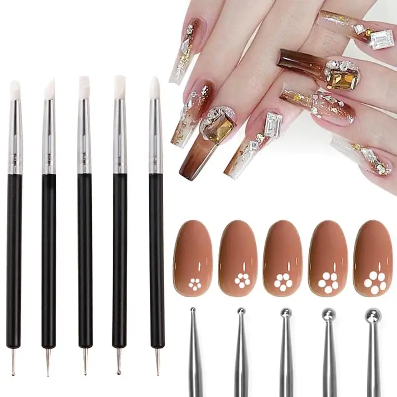 5Pcs/Set  Silicone Nail Art Pens Rhinestones Picker 3D Nail Carving Dotting Manicure Tools For Nail Art Design Double-Headed