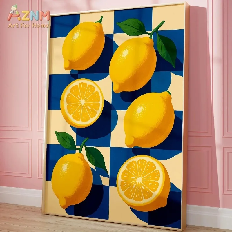 Retro Checkerboard Fruit Canvas Wall Art Lemon Orange Tomato Watercolor Still Life Print Kitchen Dining Room Decor Unframed