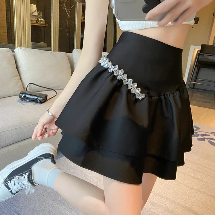 Hot Drilling High Waist Ruffles Pleated Mini Skirt Women Fashion All-Match A- Line Ball Gown Skirt 2023 Summer New Mujer Faldas