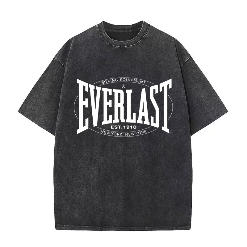 EVERLAST BOXING Summer New Vintage-Style T-Shirt, Retro Bleached Street Trend Graphic Print T-Shirt for Men and Women