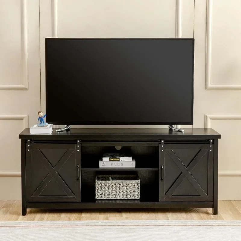 

-Modern Farmhouse TV Stand With Sliding Barn Doors, Media Entertainment Center Console Table For TVs Up To 65”