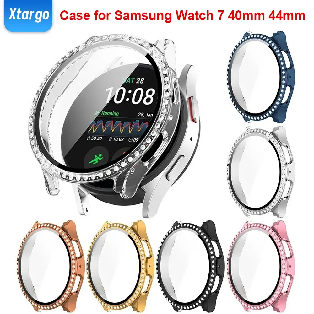 Diamond Case for Samsung Galaxy Watch 7 40mm 44mm Screen Protector Tempered Glass Bling Cover Full Protector for Galaxy Watch FE