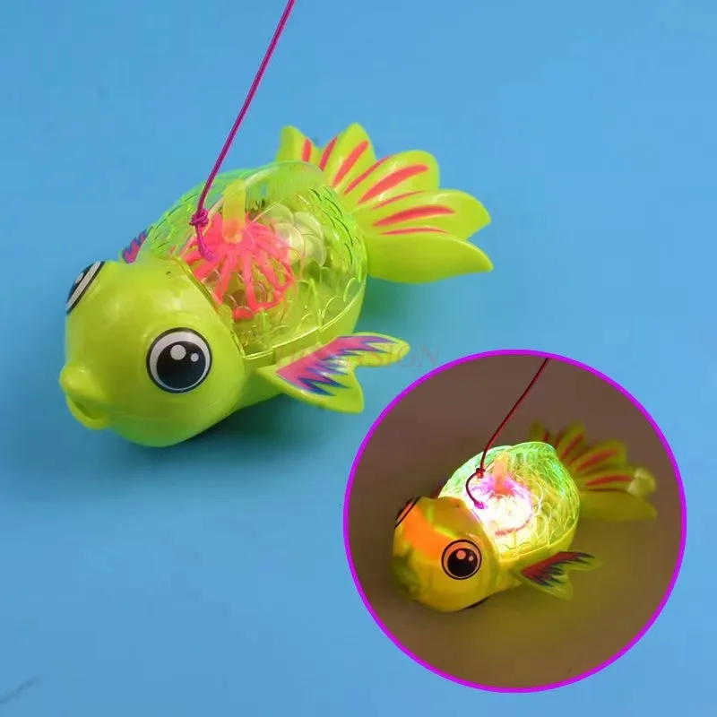 Rope pulling electric goldfish, music and lighting, universal walking, children's toy, rainbow fish