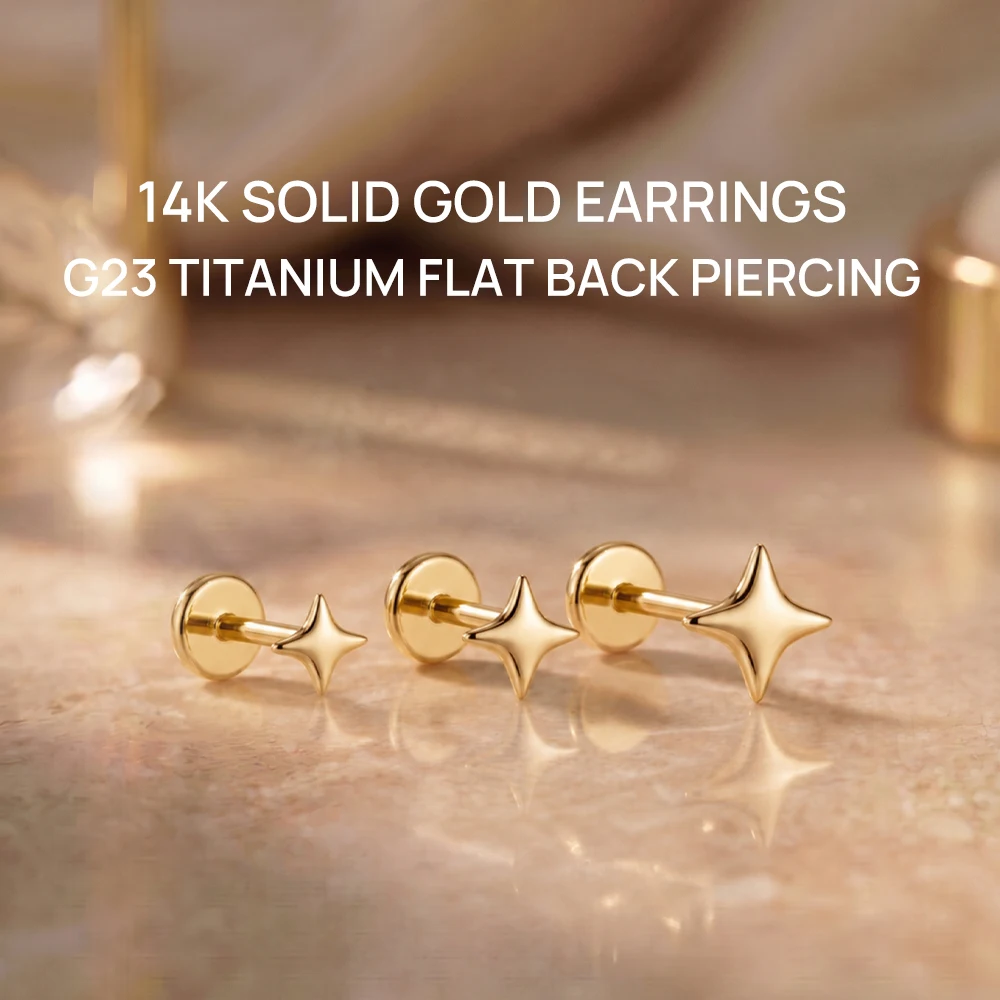AIDE 14K Solid Gold Classic Minimalist Smooth Four Pointed Star G23 Titanium Flat Back Piercing Earring Wedding Bridal Jewelry