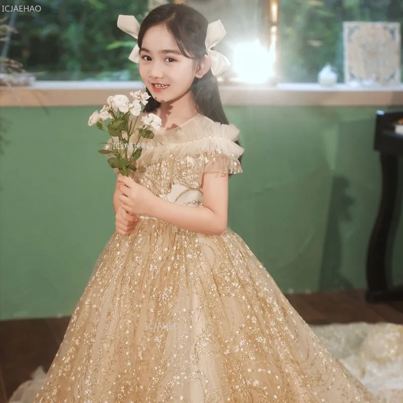 Girls Princess Party Dress Children Wedding Flower Girl Birthday Pageant Gown with Train Host Piano Performance Evening Party