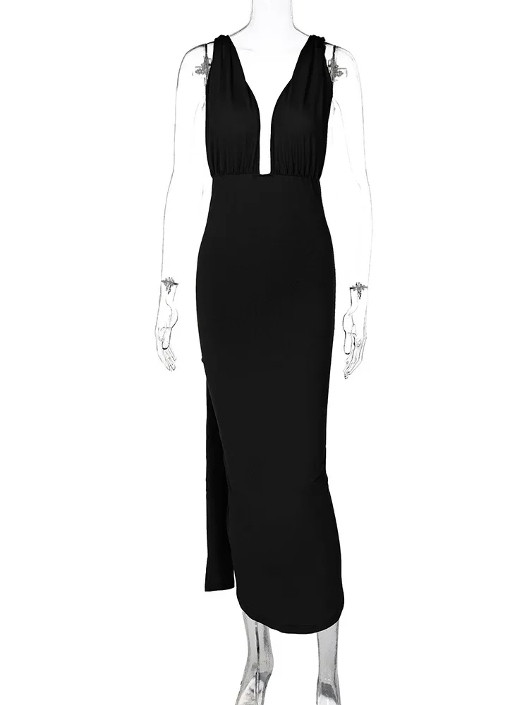 Sexy Deep V Neck Thigh-high Split Bodycon Maxi Dress Women Long Shoulder Strap Backless Skinny Evening Dress Club Party Vestidos