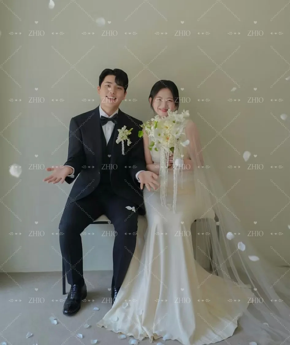 ZHIO Elegante abito da cerimonia nuziale Colletto rotondo Maniche lunghe fino al pavimento Raso avorio Corea Servizio fotografico Abito da sera Personalizzato nnegolare