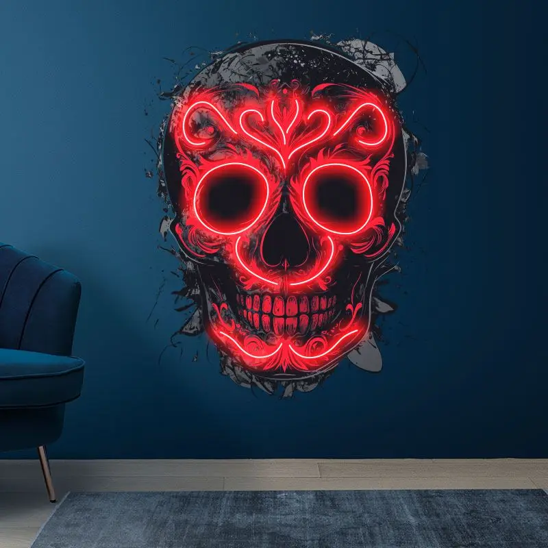 Skull With Red Bones Neon Sign, Creative Wall Hanging Neon Light, Whimsical Gift, Halloween Decor