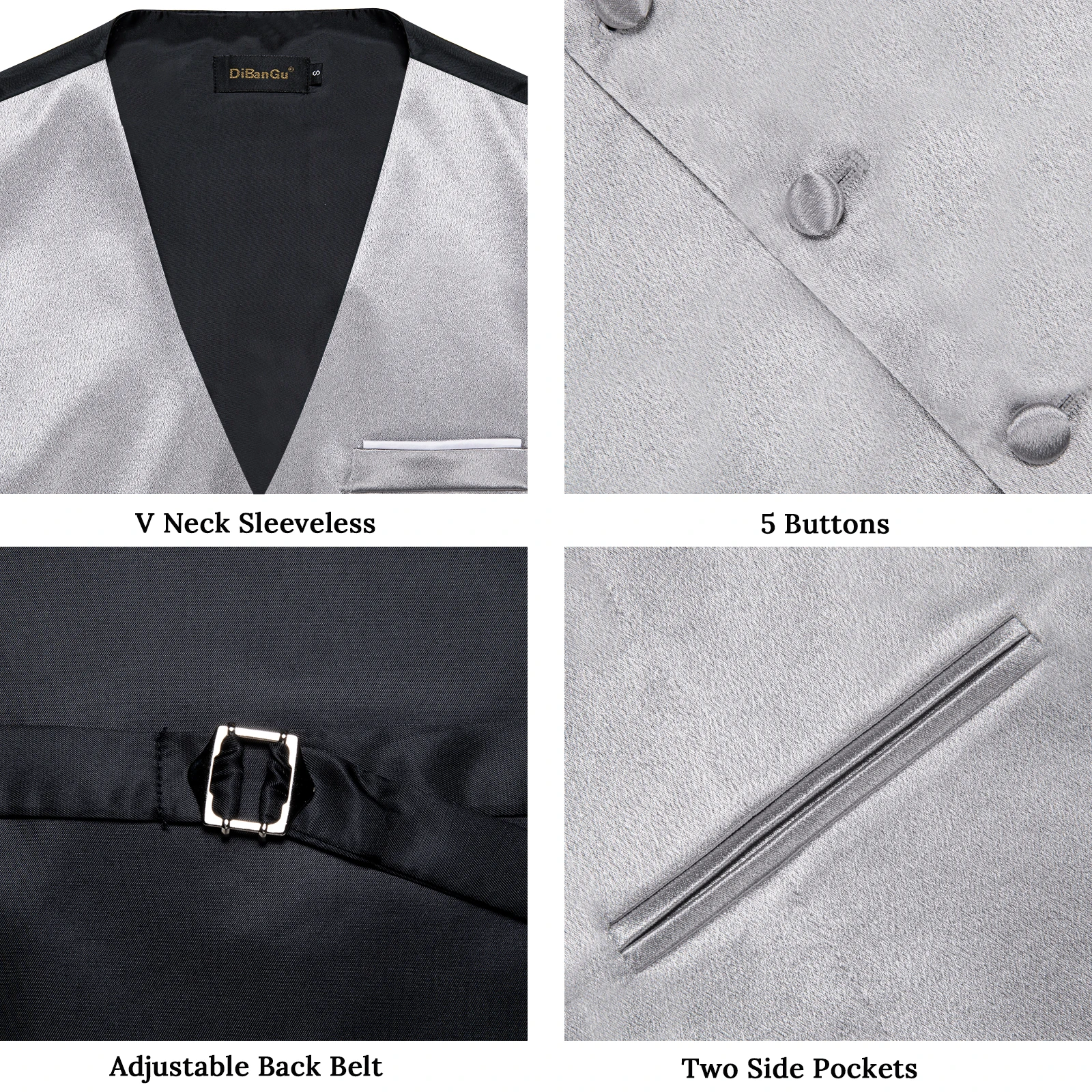 Elegante graue einfarbige Anzugweste mit Tasche, Satinweste, Krawatte, Fliege, Taschentuch, Manschettenknöpfe für Smoking, Hochzeit, Abschlussball – Detail 2