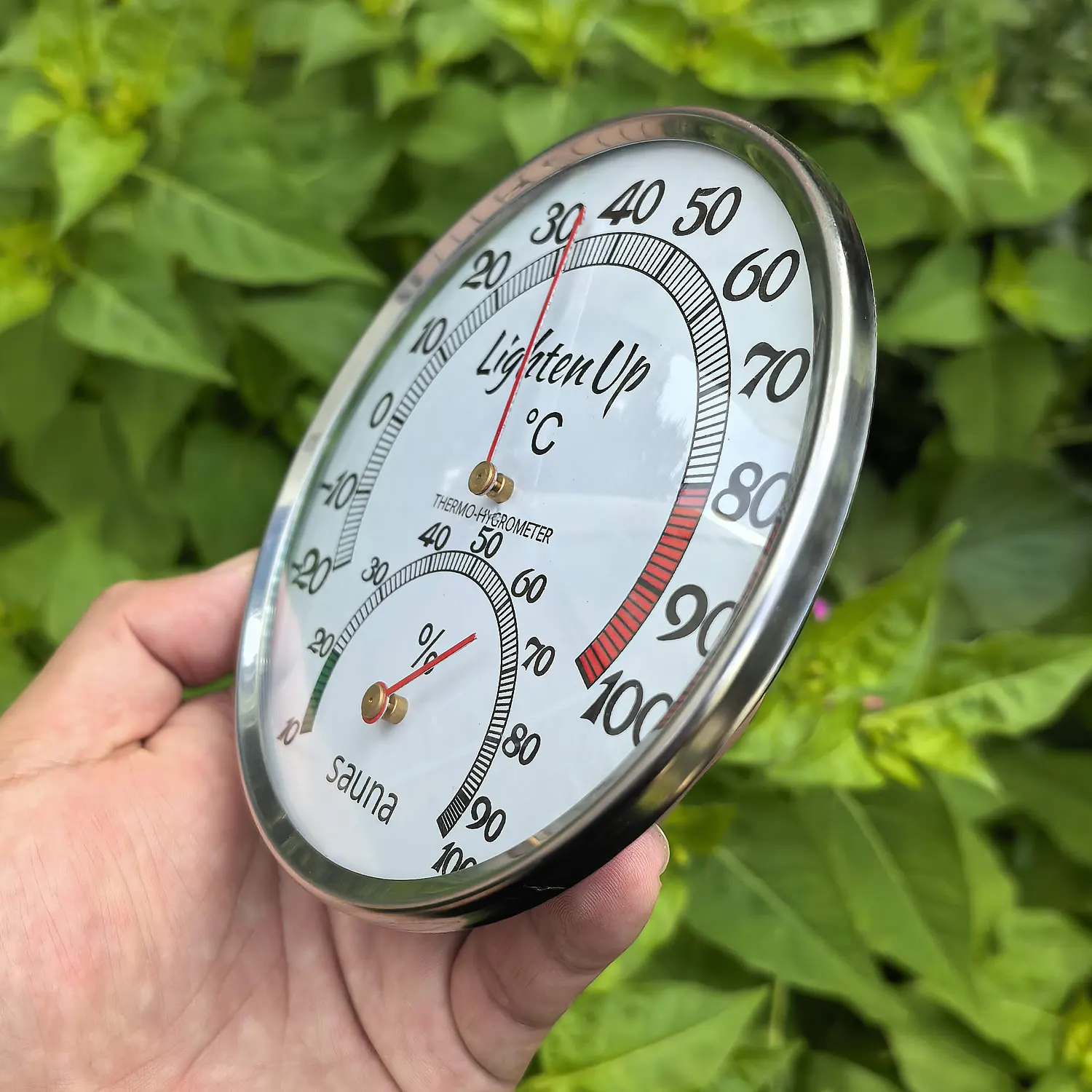 Mechanisches Thermometer-Hygrometer mit Metallgehäuse, keine Batterie erforderlich, Temperatur- und Feuchtigkeitsmesser für Innenräume, Badezimmer, Sauna & Dampfbad – Detail 8