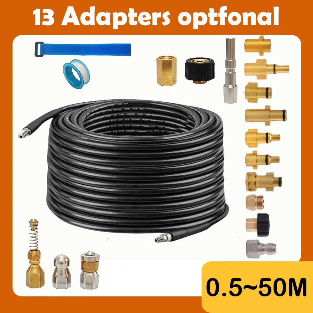 

0.5~50M Cleaning Sewer And Sewage Pressure Cleaning Nozzle High-Pressure Car Washing Machine Hose 13 Adapters optfonal