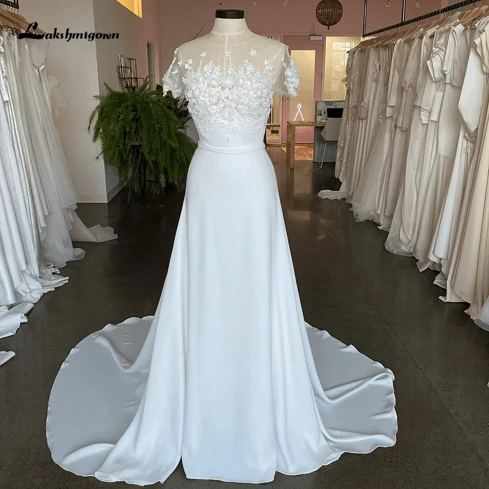 

2025 Boho с круглым вырезом и короткими рукавами, кружевными аппликациями, топ, шифоновое свадебное платье трапециевидной формы для женщин, пляжное свадебное платье, Vestidos DeC