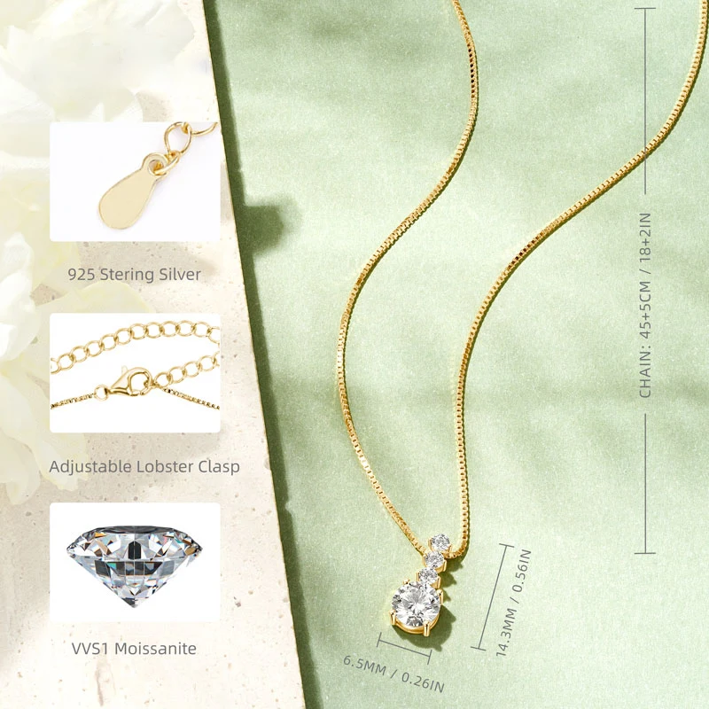 Lnngy Certified VVS1 6.5mm&2.5mm Moissanite Pendant Necklace Classical Collier Argent 925 Sterling Silver Box Chain Necklaces