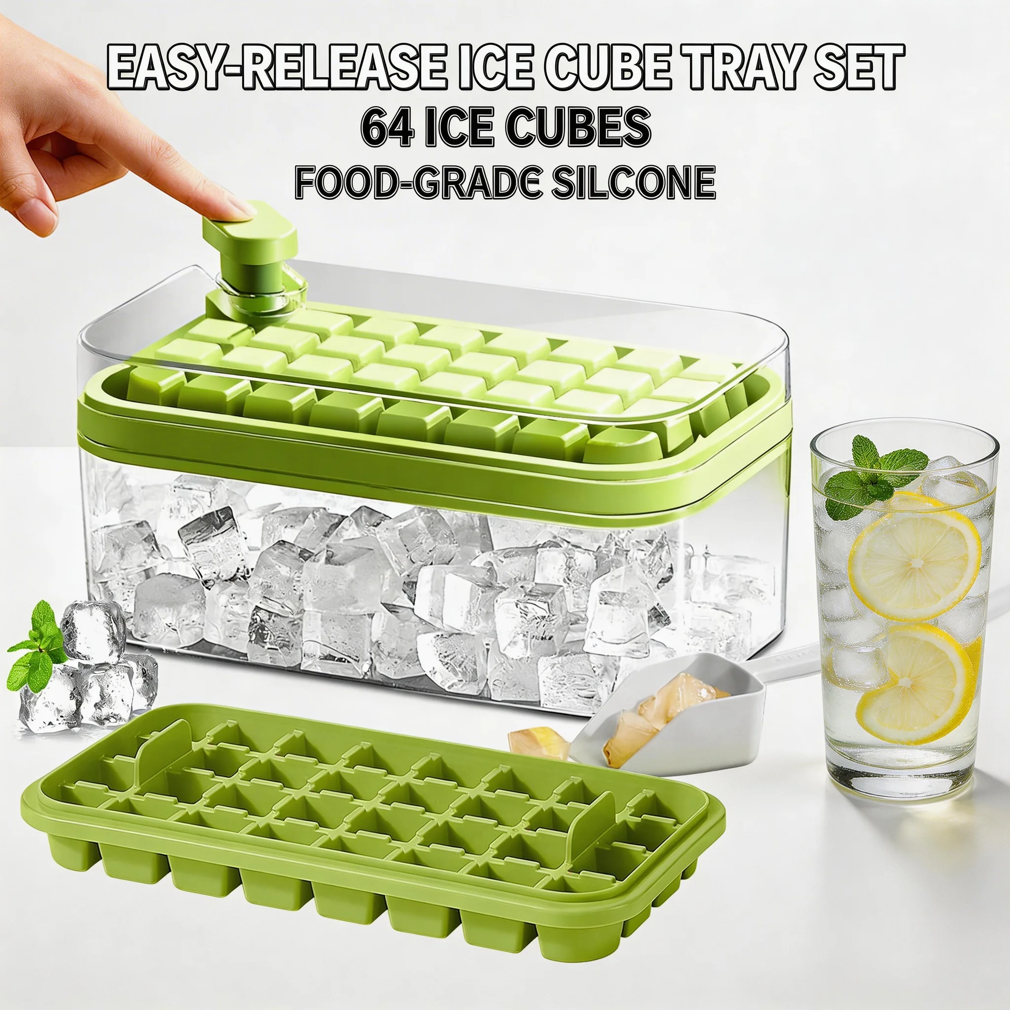 Ice Cube Tray with Lid and Bin,32/64 Pcs Ice Cube Mold Stackable Ice Trays for Freezer  Coffee, Cocktail