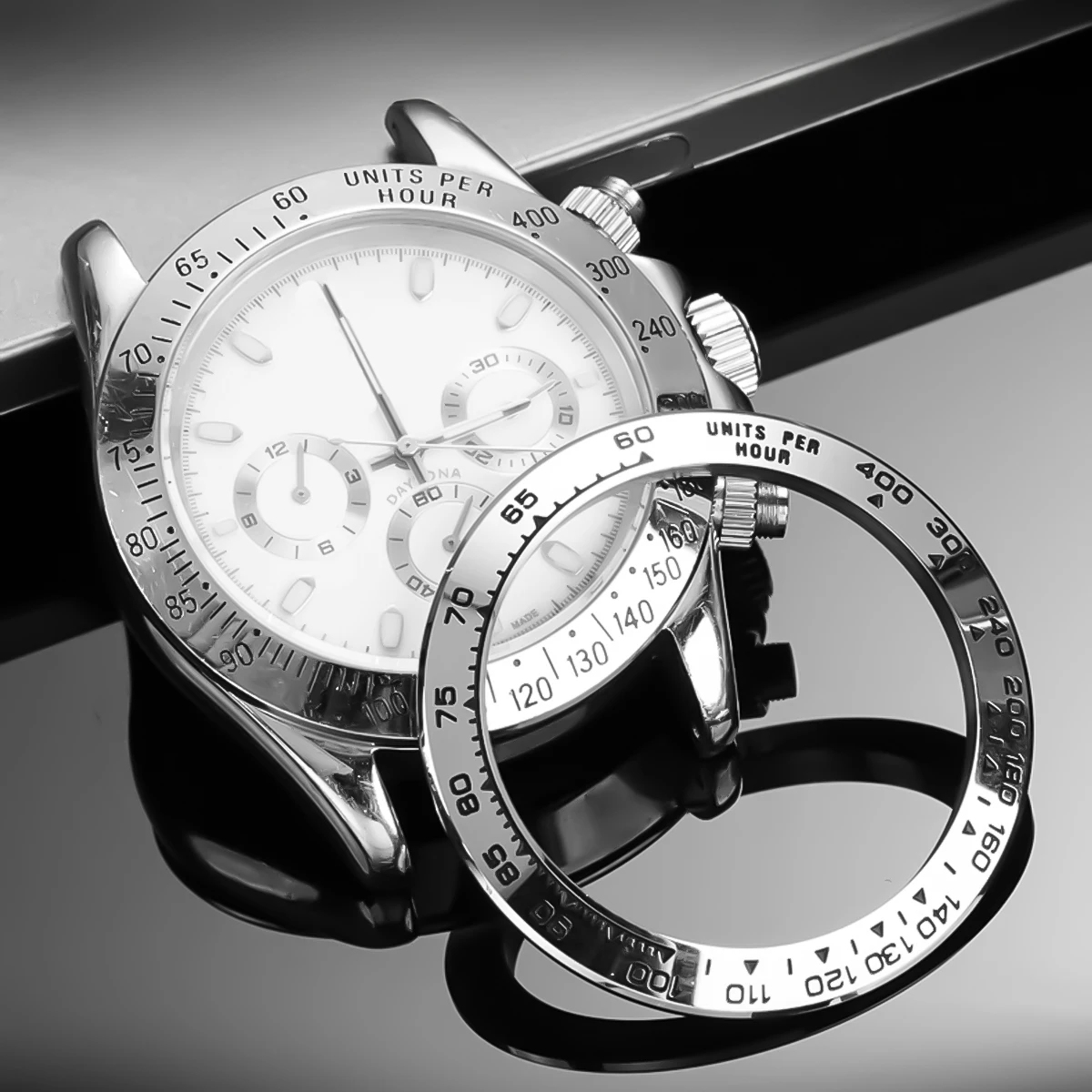Inserto de bisel de cerámica inclinado Daytona, 38,5x30,5mm, módulo de inserción de bisel plateado especial de Metal, accesorios de reloj