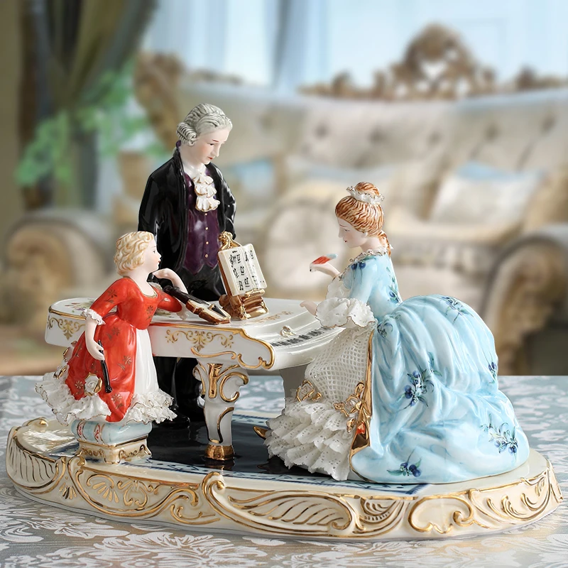 Ceramic figure ornament playing piano family photo porcelain doll lace gift exquisite decorative enamel