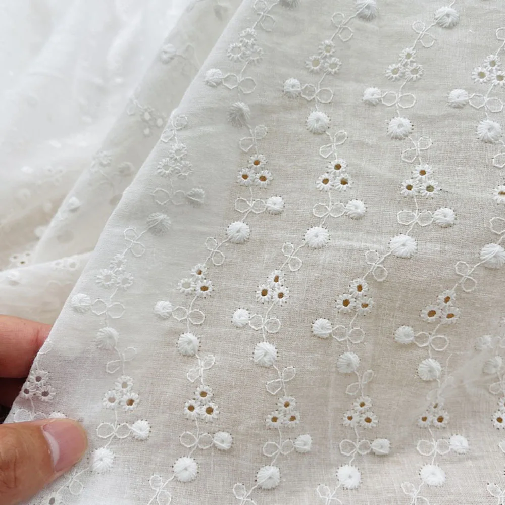 130cm Wide Soft Thin White Embroidered Pure Cotton Fabrics For Sewing Girl Costume Dress Shirts Quilting Cloth Materials Curtain