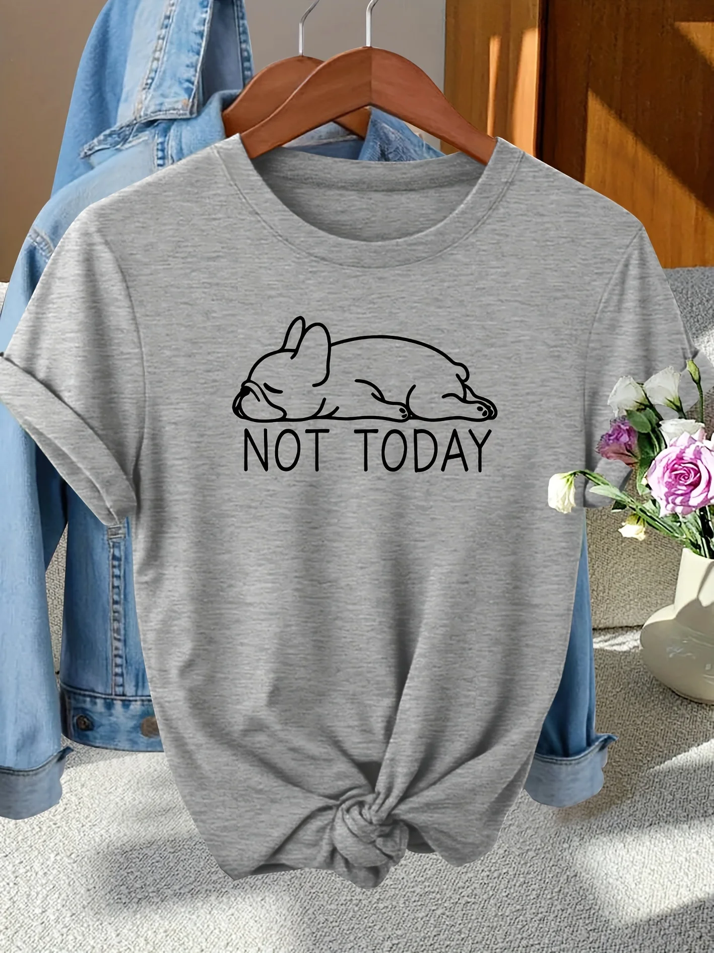 Not Today French Bulldog Women's Tee - Lazy Dog Graphic Casual Gray Top Fashion Harajuku Kawaii T-shirt Women's Y2K Clothing