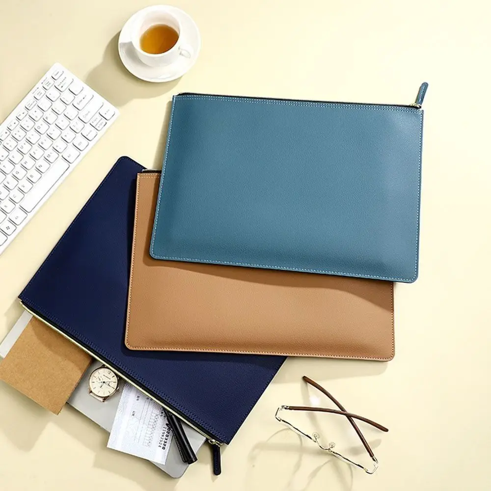 PU Leather A4 File Folder Zipper Bag Large Capacity Business Briefcase Waterproof High-grade File Storage Clip Conference