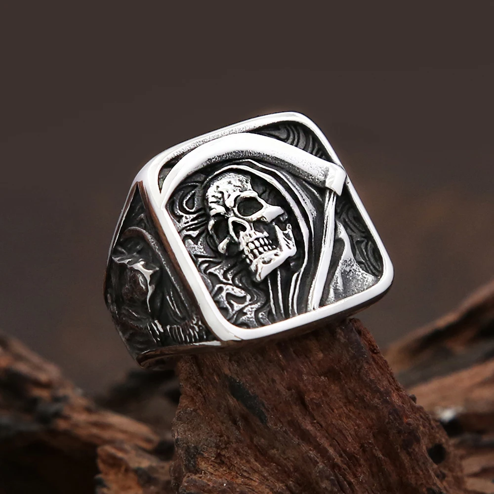 

Gothic Vintage Death Sickle Skull Ring 316L Stainless Steel Hip Hop Biker Skeleton Rings For Men Punk Party Jewelry Wholesale