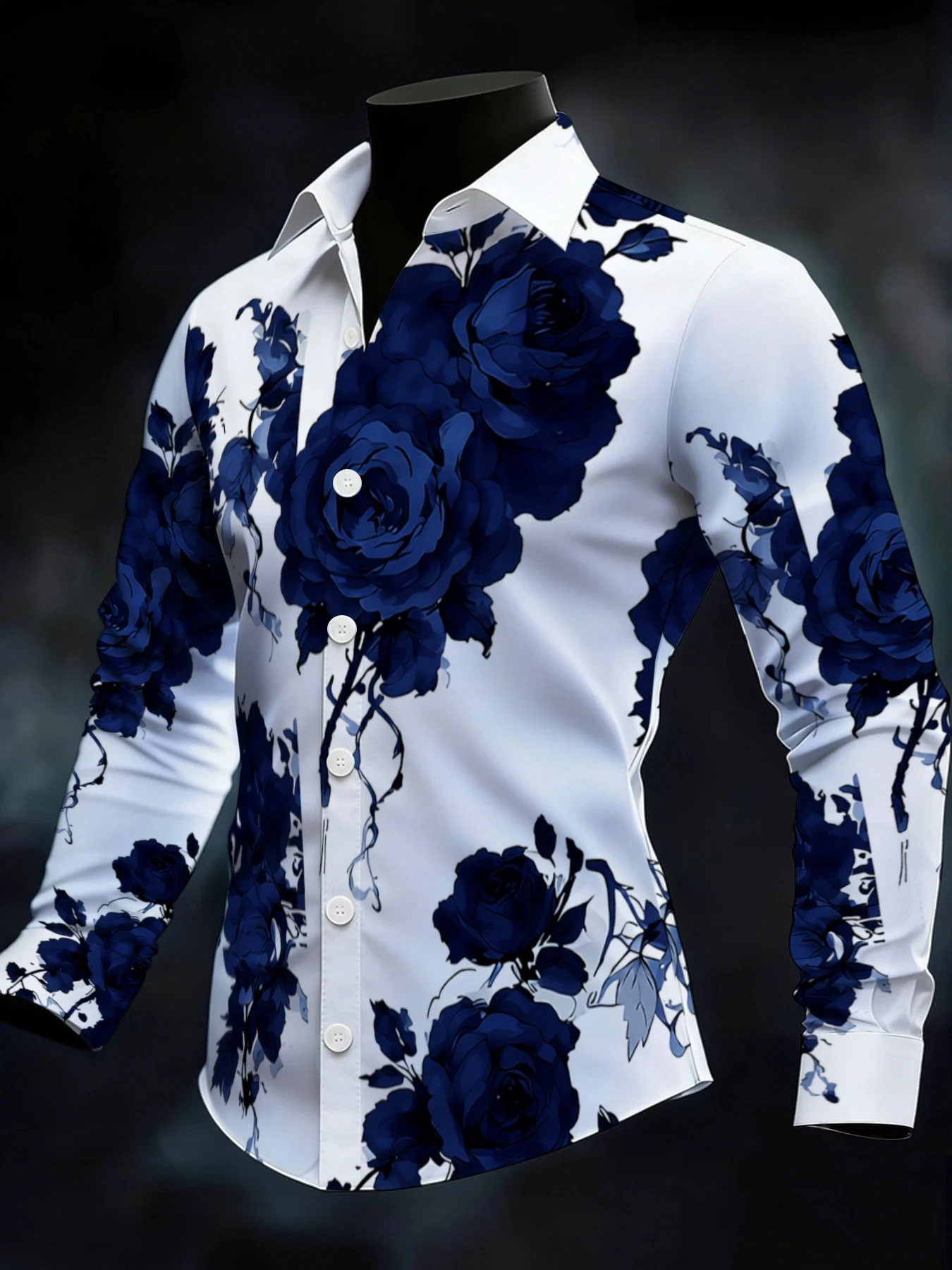 Men Large Dark Blue Rose Print Long Sleeve Shirt Turn‑Down Collar Button‑Up Polyester Party Casual Blouse