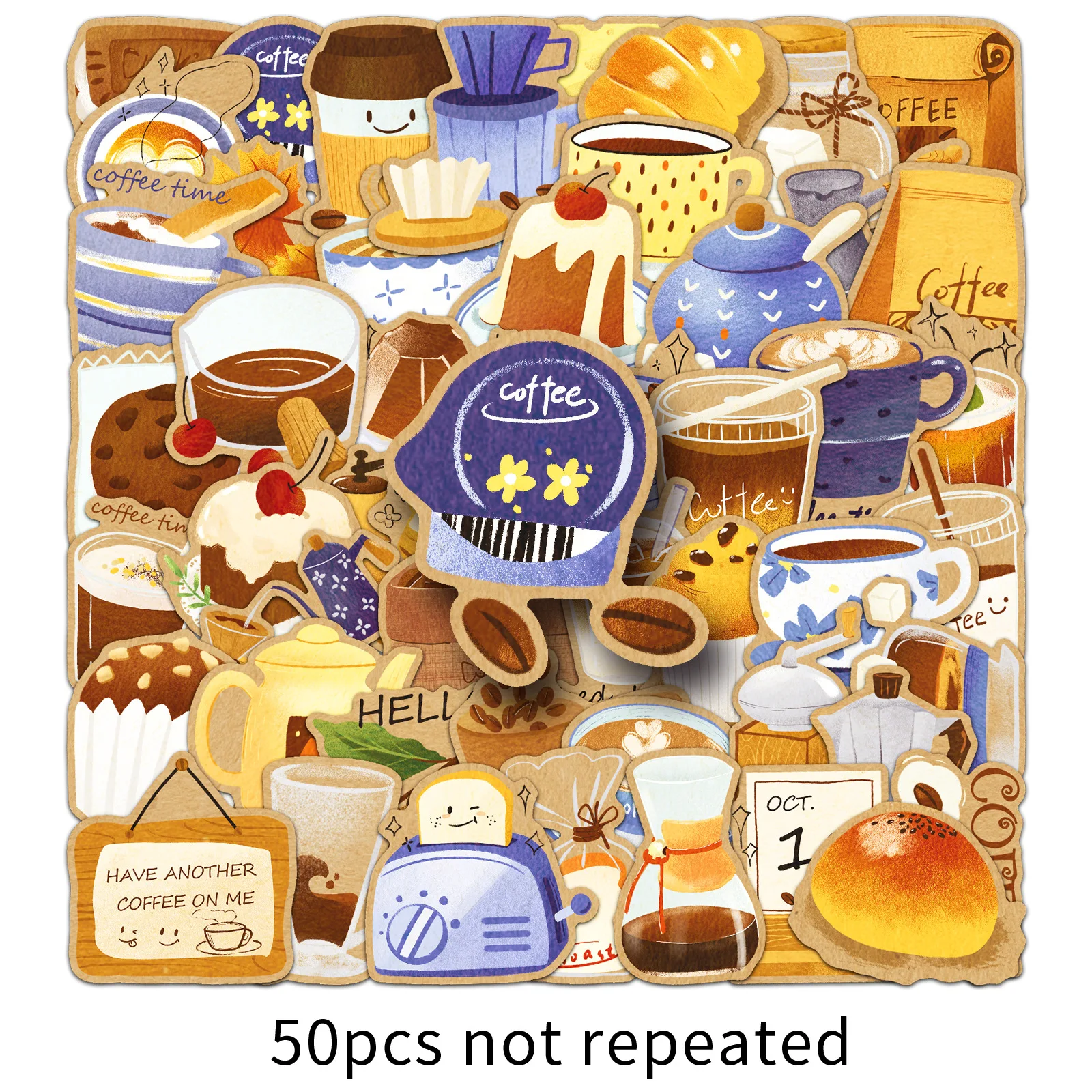 Broyeur de haricots Style dessin animé, 50 pièces, café, thé de l'après-midi, décor Graffiti, ordinateur portable, guitare, tasse d'eau, autocollant étanche, jouet pour enfants