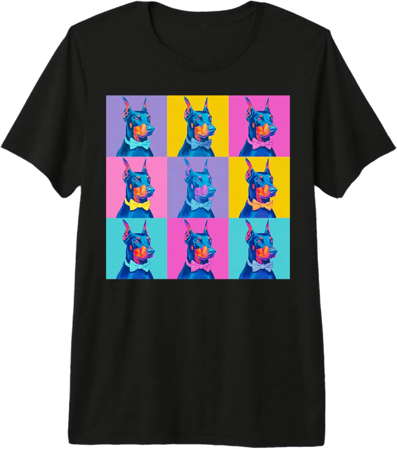Doberman Colorful Pop Art Bow Tie Dog Grid Portrait Premium Tri-Blend T-Shirt 100% Cotton Trendy Y2K Short-Sleeve Tee-Soft,