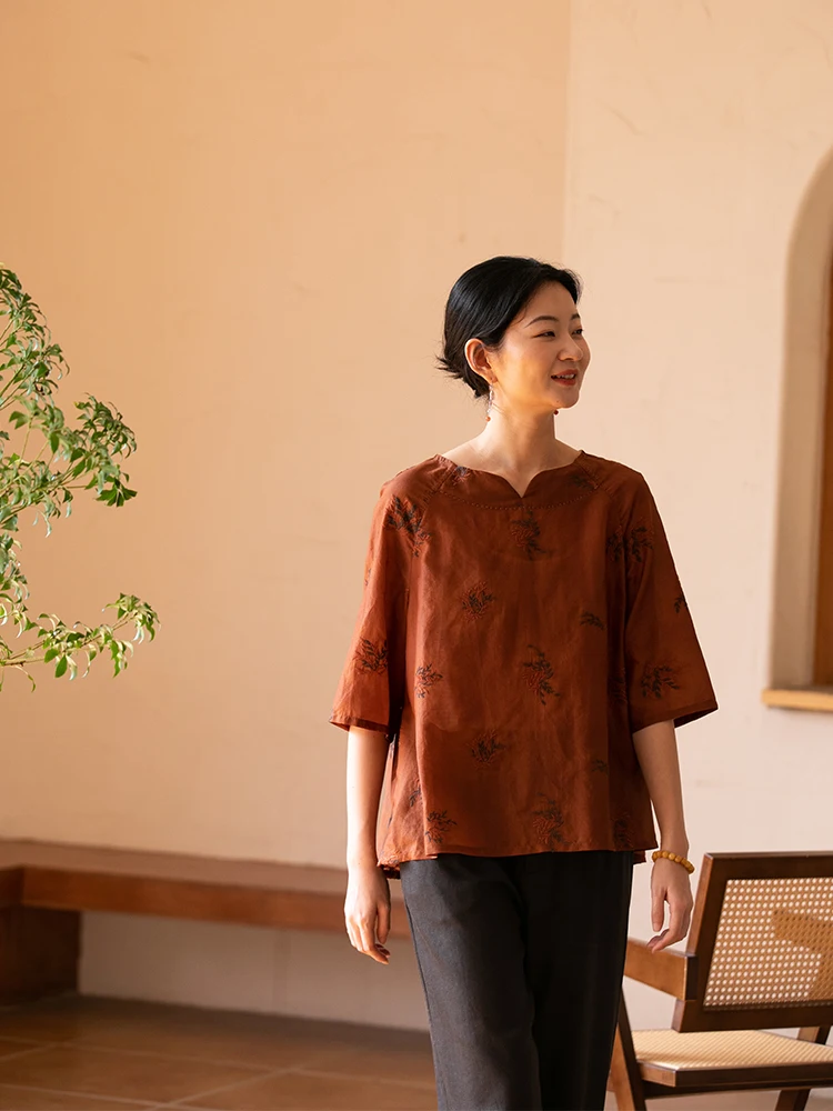 

Limited Edition Summer New Red Cloud Silk Embroidered Women's Shirt Vintage Xiangyun Silk Cotton Blend Loose Fit round Neck