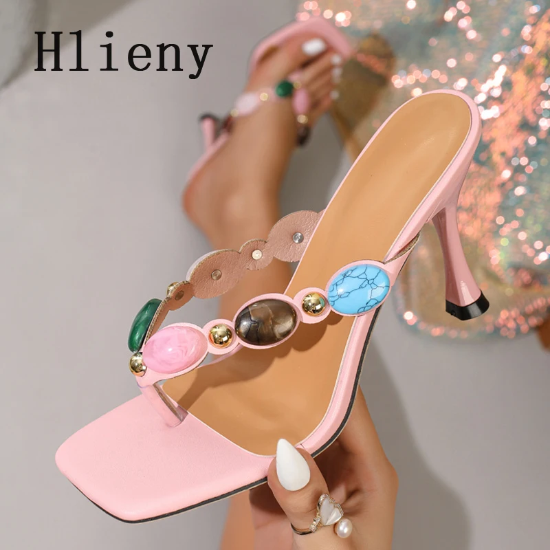 

Летние модные тонкие шлепанцы на высоком каблуке Hlieny для женщин, с цветными камнями, сексуальные вечерние сандалии, повседневные пляжные шлепанцы, женская обувь