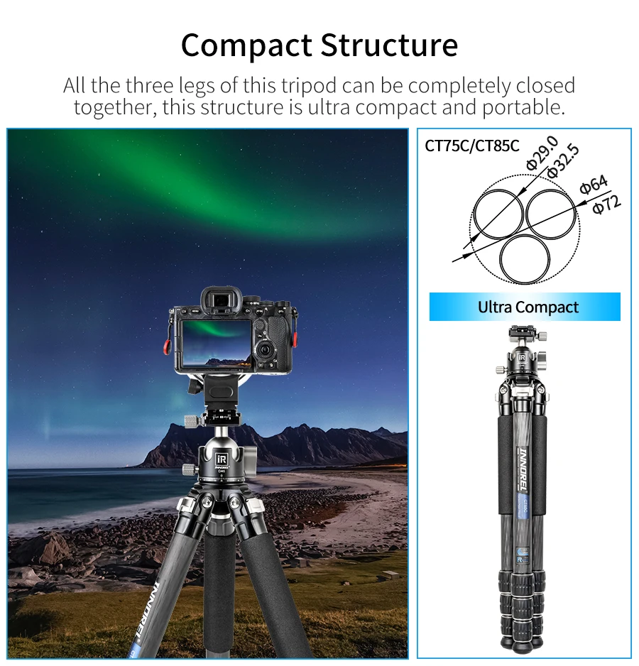 INNOREL CT75C/85C Kohlefaser-Stativ für DSLR-Kamera, robuster Ständer, Kugelkopf mit geringer Schwerkraft und verstellbarer Mittelsäule – Detail 9