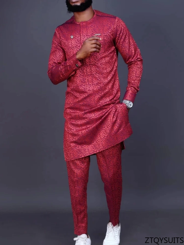 

Men's luxury fashion casual red print two-piece set