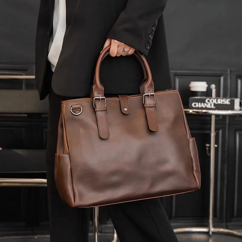 Vintage Briefcase For Men Large Capacity PU Leather Laptop Office Casual Shoulder Handbag Tote Messenger Business Bag Male