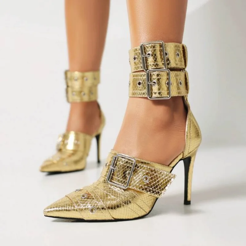 

Spring and Autumn Fashion New Style Silvery Sexy Nightclub Party Pointed Tip Metal Buckle Decoration High Heels Women's Shoes