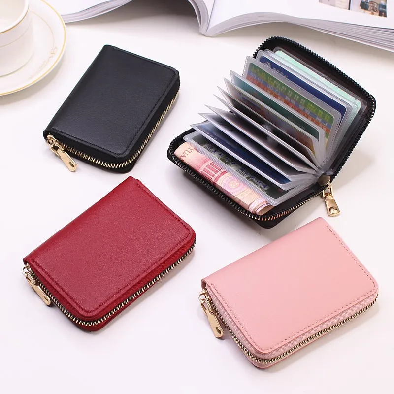 

Leather Men Women Card Holder Small Zipper Wallet Solid Coin Purse Accordion Design rfid ID Business Credit Card Bags