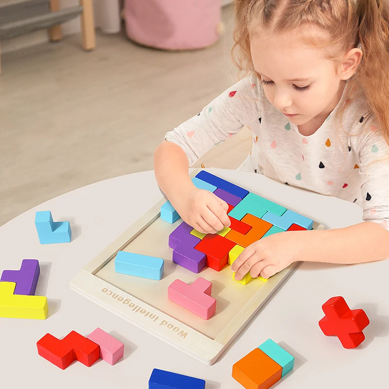 Puzzle Carré 3D en Bois Coloré et Irrégulier pour Bébé, Jouet de Logique Précoce, Jeux de Forme, Cadeau pour Enfant