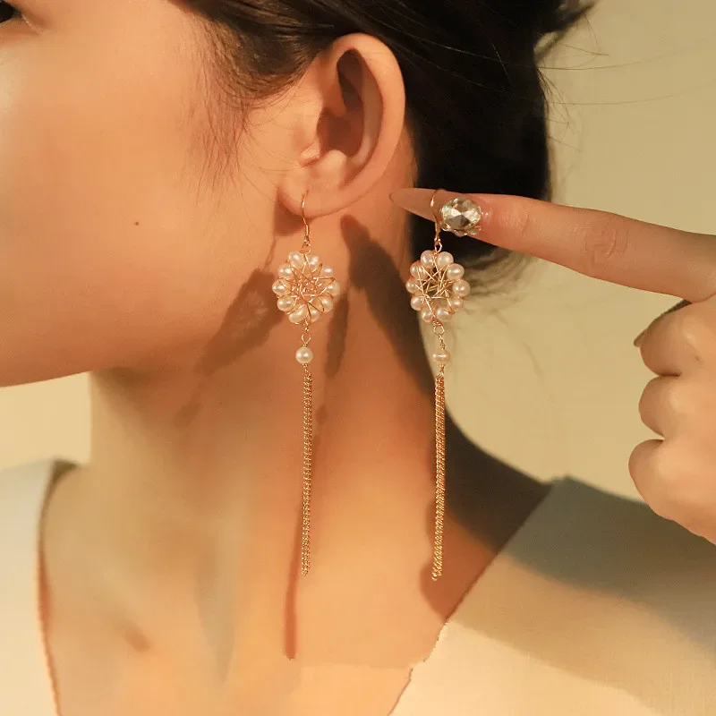 

Оригинальные серьги-цепочки с натуральным жемчугом и цветами, длинные висячие серьги-кисточки для женщин, роскошные серьги-гвоздики, очаровательные ювелирные украшения, подарки