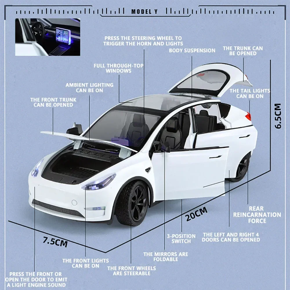 Coches de juguete de Metal para niños, escala 1/24, Tesla Model Y Diecast Alloy Car Model, vehículos de juguete para niños, sonido Y luz, tirar hacia atrás