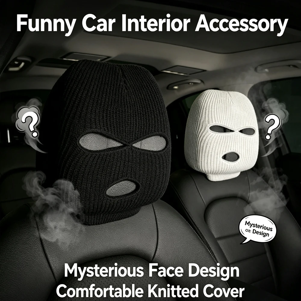 Funny Car Headrest Cover 3‑Hole Balaclava Style Auto Seat Headrest Protective Cover, Creative Humorous Car Interior Decoration