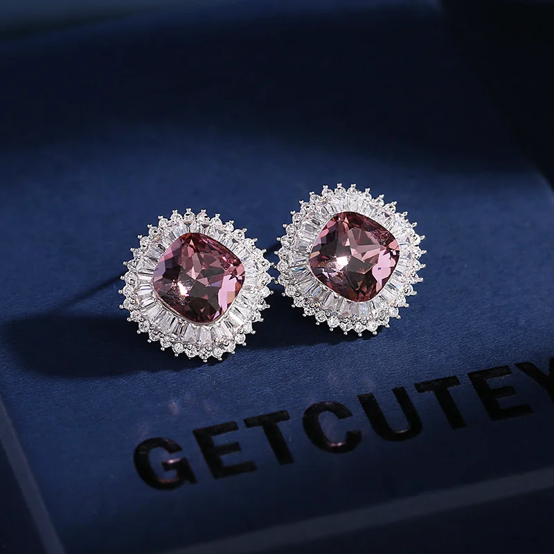 s925 silver needle ear jewelry for women geometric square niche high-end super flash crystal zircon inlaid simple earrings