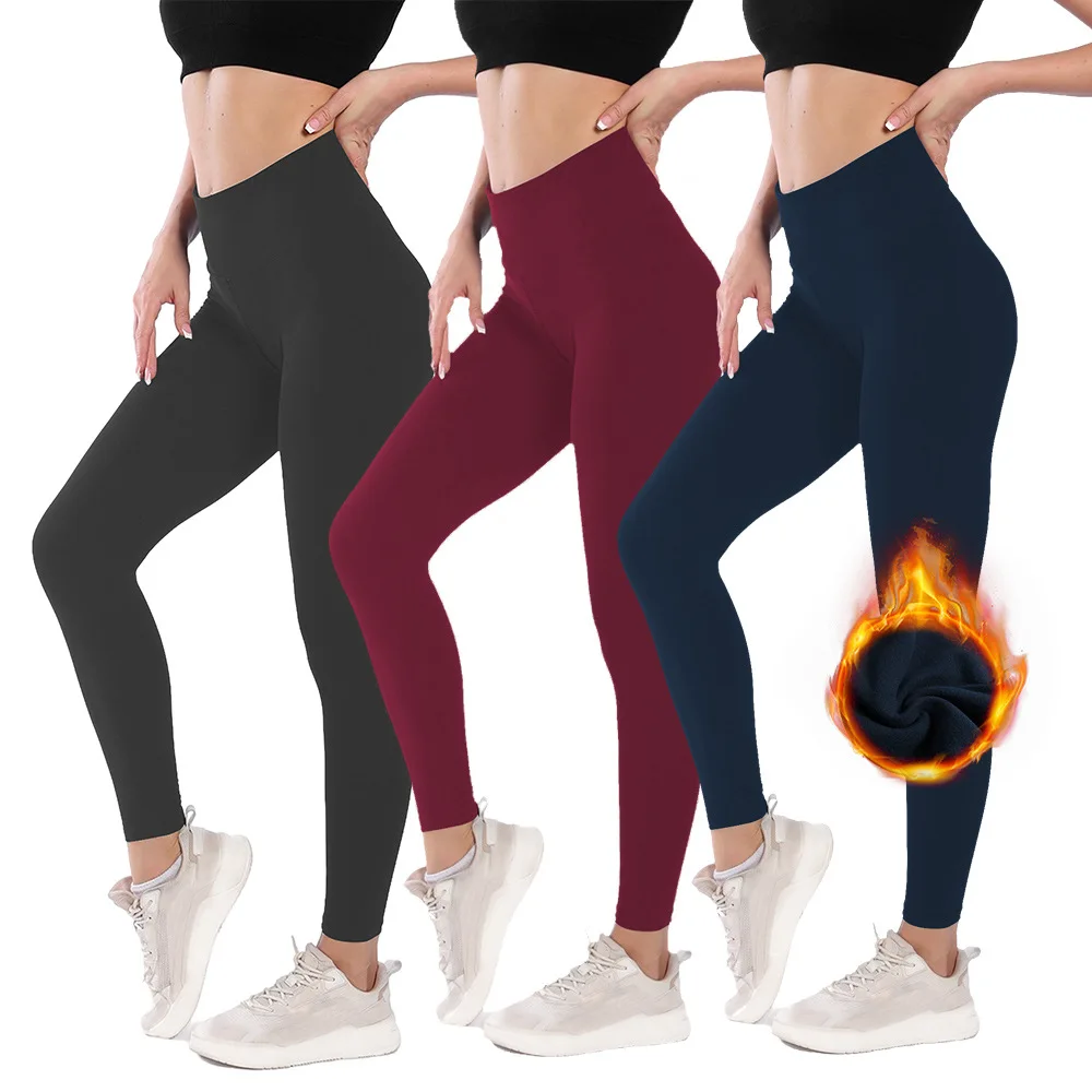 

2025 Autumn and Winter Fleece Leggings Women's High Waist Belly Warm Yoga Sports L Leggings Europe and America
