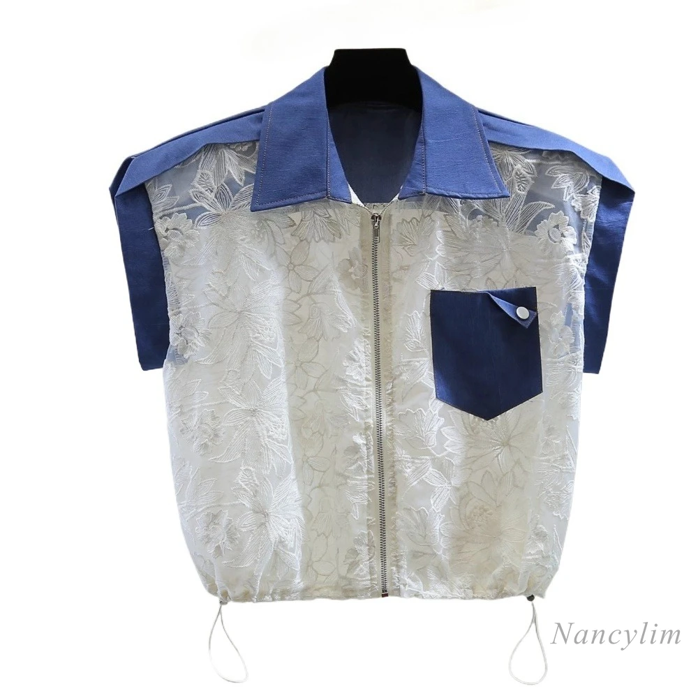 Camicia senza maniche abbinata ai colori ricamati, camicetta sottile in vita con coulisse e cerniera in pizzo allentato estivo 2025 da donna