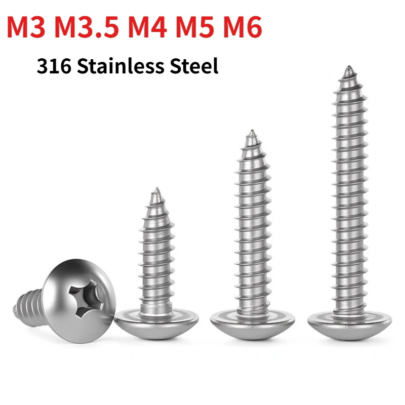 M3 M3.5 M4 M5 M6 316 Stainless Steel Phillips Truss Head Self Tapping Screw, A4 Mushroom Large Flat Head Self-tapping Fastener