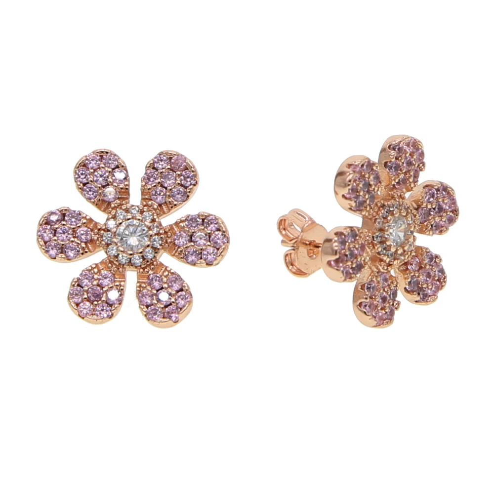 rose gold color Pink cubic zirconia cz Flower stud earring for Girl Bloom Flower stud Spring New fashion jewelry