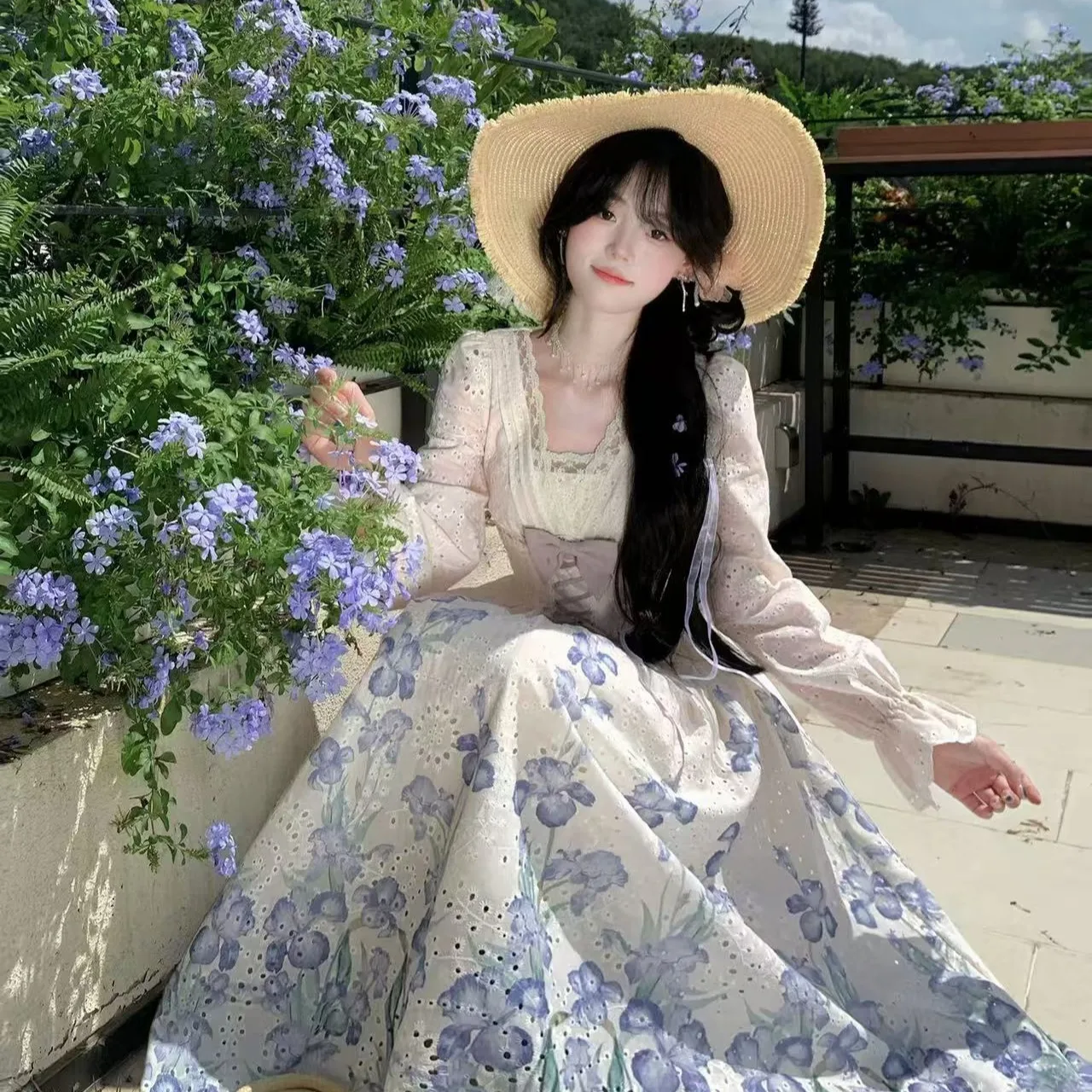 Autumn French Vintage Elegant Moriko Style Dress Women's Printed Cutout Bowknot Long Dress High-end Romantic Party Clothing 2025