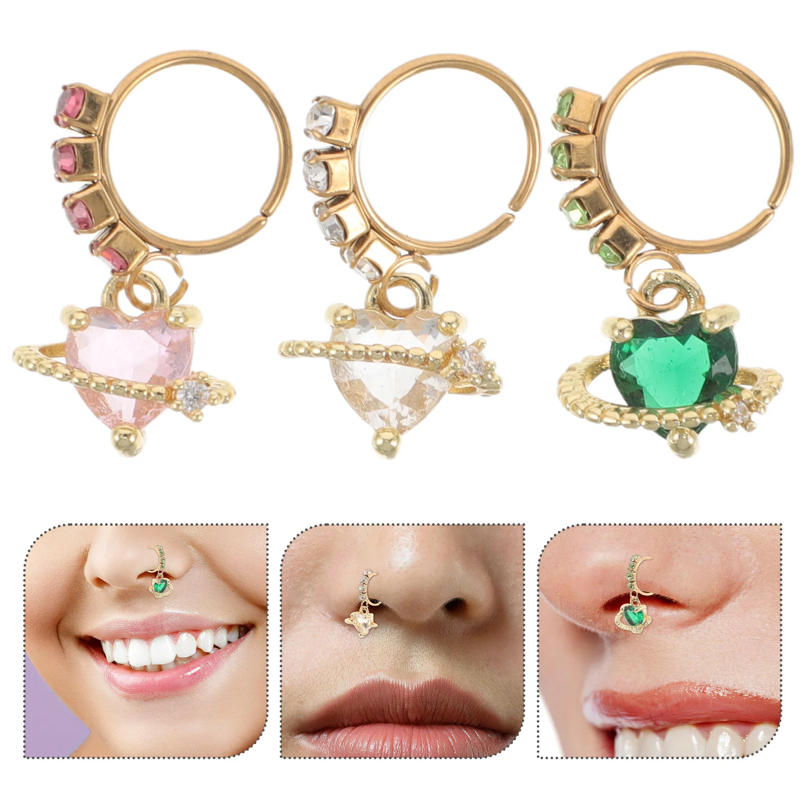 

3Pcs Heart Shape Nose Rings Set Vibrant Colors Stainless Steel Nose Jewelry for Women Delicate Touch Any Outfit