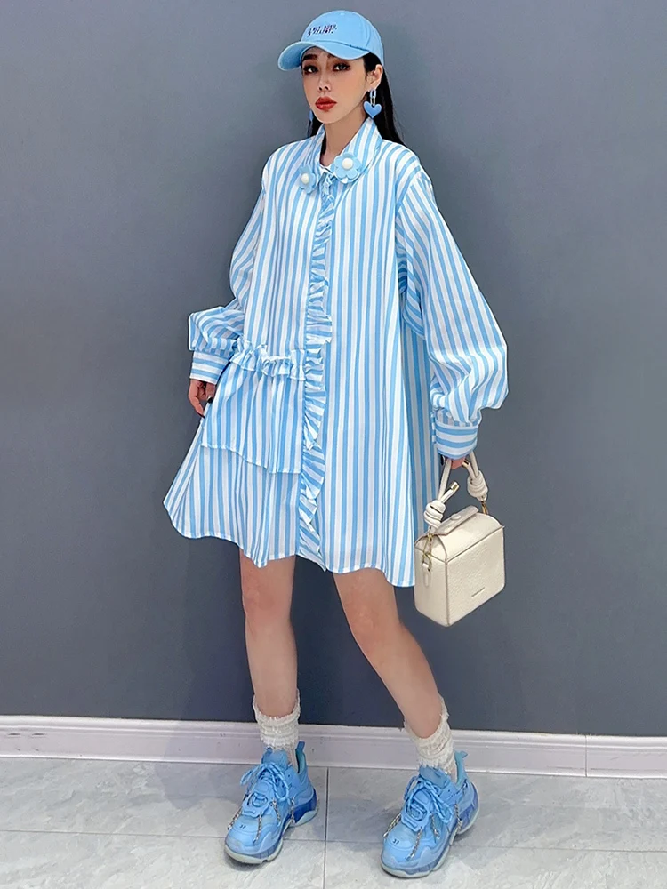 SHENGPALAE Fashion Striped Shirt For Women Ruffles Design Chic Loose Lapel Full Sleeve Blouse Spring 2024 New Female Tops 5R9483