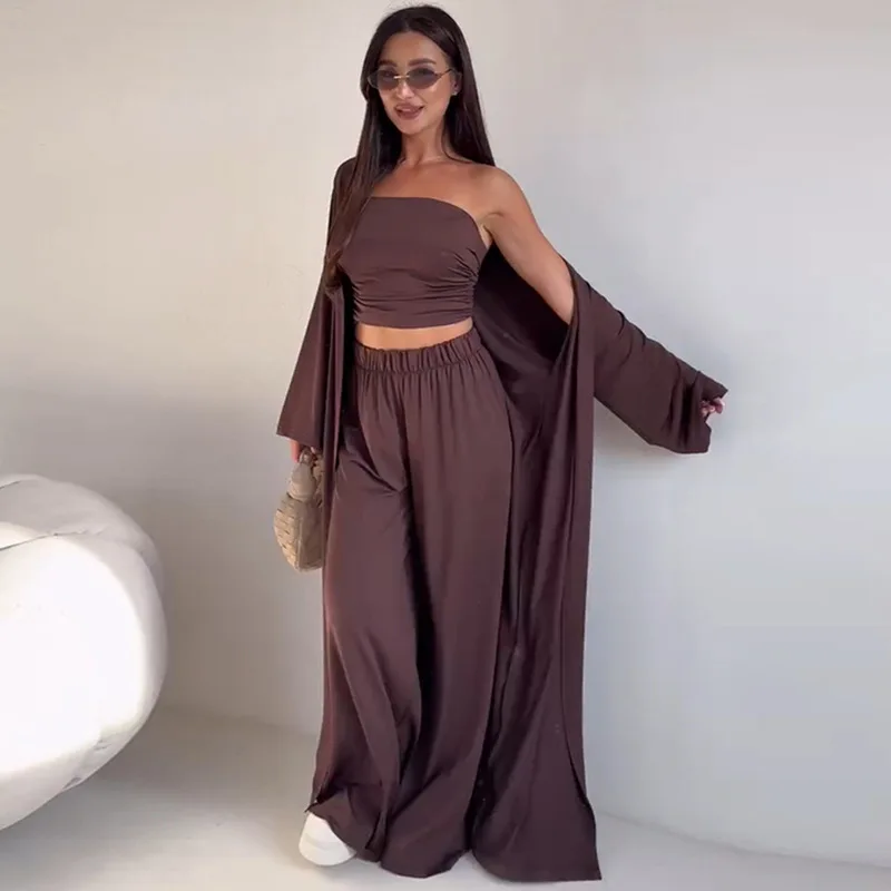 

Pants Sets Women Solid Color Loose Long Cardigan Coat Tube Top High Waist Wide Leg Trousers Three Piece Set Casual Lady Suits