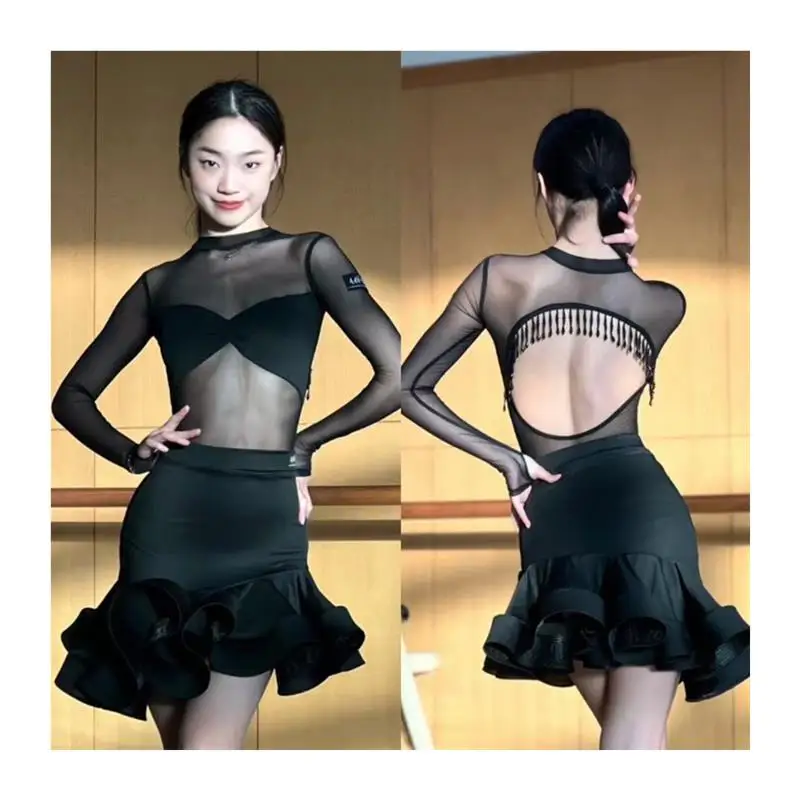 

customized Latin dance dress long sleeved mesh top with bead design beveled fishbone skirt black performance outfit for women