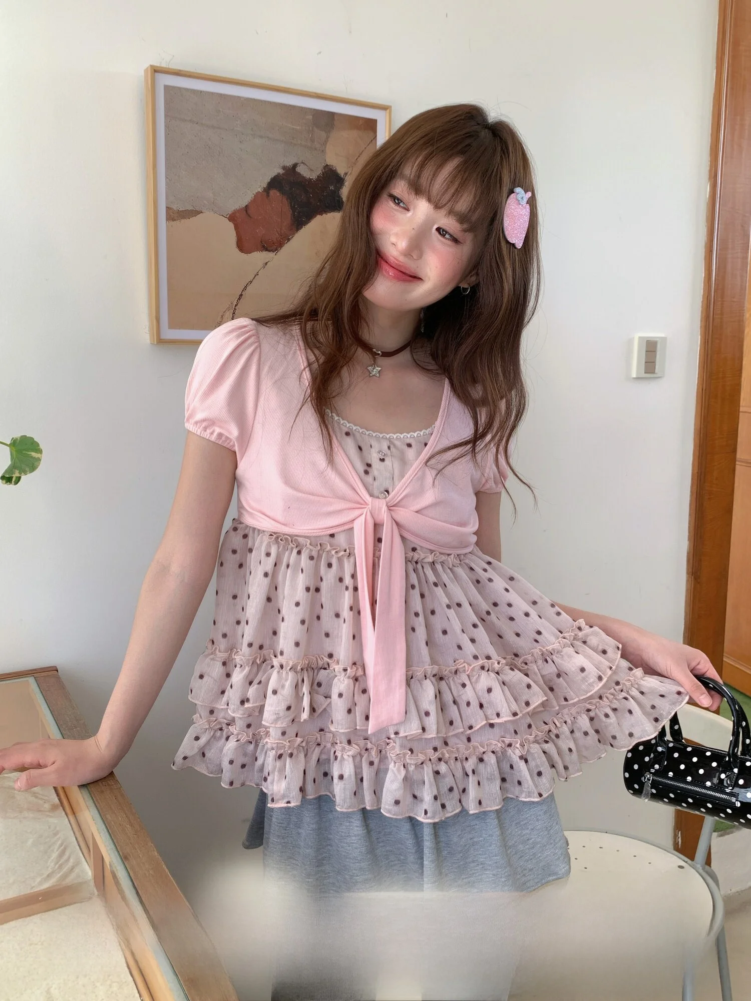 

Summer Polka Dot Short Sleeve T-Shirt Women's Bow Tie Top Sweet Style Standard Fit RRFIGHT Brand V-neck Cotton